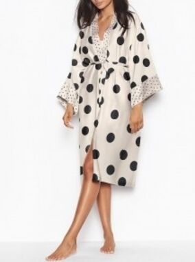 Victoria's Secret Cream Satin Robe with Black Polka Dots